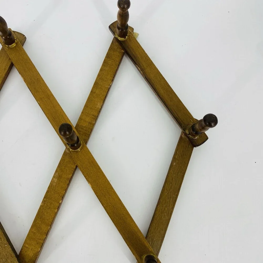 Vintage Wooden Accordion 10 Peg Rack Expandable Wall Coat Hat Hook Rustic